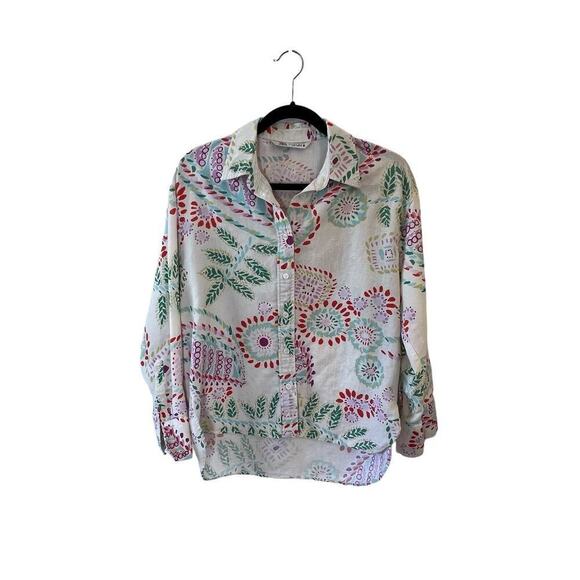 Zara Womens Linen Button Up Size S Rainbow Multicolor Floral Art to Wear Gypsy - Picture 2 of 8